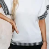 Online Dear-Lover Contrast Trim Round Neck Batwing Sleeve Knitted Top White