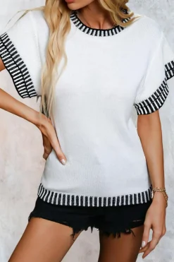 Online Dear-Lover Contrast Trim Round Neck Batwing Sleeve Knitted Top White