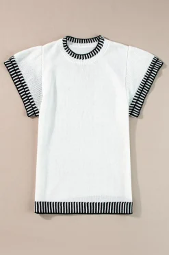Online Dear-Lover Contrast Trim Round Neck Batwing Sleeve Knitted Top White