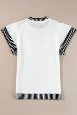 Online Dear-Lover Contrast Trim Round Neck Batwing Sleeve Knitted Top White