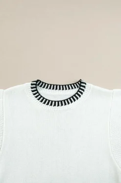 Online Dear-Lover Contrast Trim Round Neck Batwing Sleeve Knitted Top White