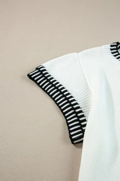 Online Dear-Lover Contrast Trim Round Neck Batwing Sleeve Knitted Top White