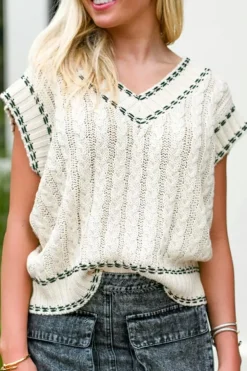 Outlet Dear-Lover Contrast Trim V Neck Cable Knit Sweater Vest White