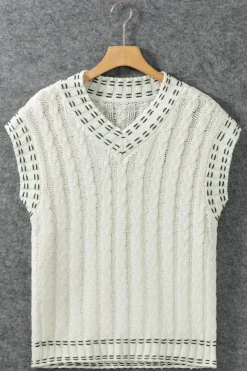 Outlet Dear-Lover Contrast Trim V Neck Cable Knit Sweater Vest White