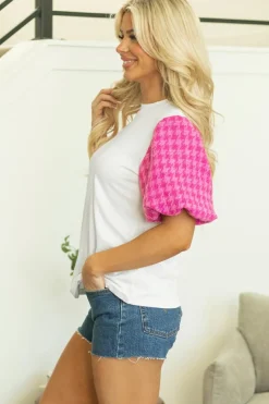 Best Dear-Lover Contrast Tweed Puff Sleeve Top White