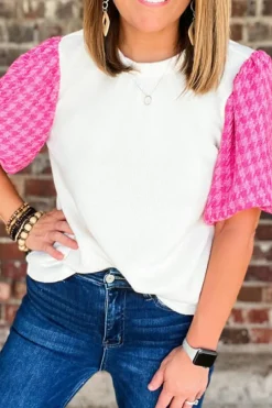 Best Dear-Lover Contrast Tweed Puff Sleeve Top White