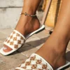 Best Dear-Lover Contrast Woven Plaid Square Toe Flat Slippers White