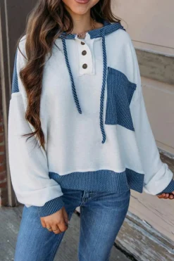Hot Dear-Lover Corded Colorblock Patch Pocket Drawstring Hooded Top White