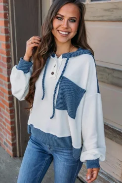 Hot Dear-Lover Corded Colorblock Patch Pocket Drawstring Hooded Top White
