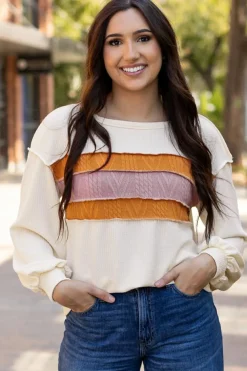 Best Dear-Lover Corded Exposed Seam Knit Patchwork Drop Sleeve Top White