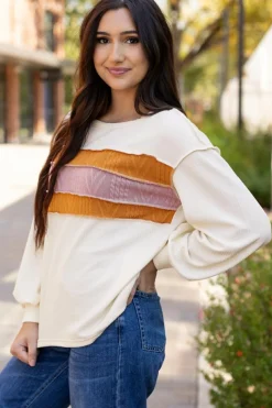 Best Dear-Lover Corded Exposed Seam Knit Patchwork Drop Sleeve Top White