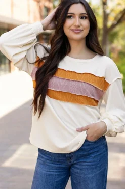 Best Dear-Lover Corded Exposed Seam Knit Patchwork Drop Sleeve Top White
