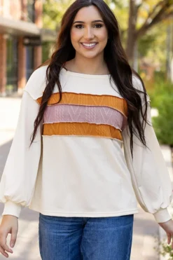 Best Dear-Lover Corded Exposed Seam Knit Patchwork Drop Sleeve Top White
