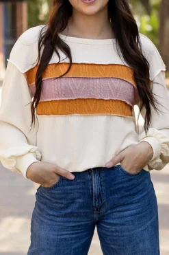 Best Dear-Lover Corded Exposed Seam Knit Patchwork Drop Sleeve Top White
