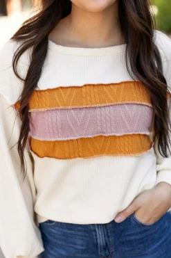 Best Dear-Lover Corded Exposed Seam Knit Patchwork Drop Sleeve Top White