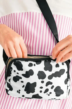 New Dear-Lover Cow Pattern Print Buckle Wide Belt Inclined Shoulder Bag White