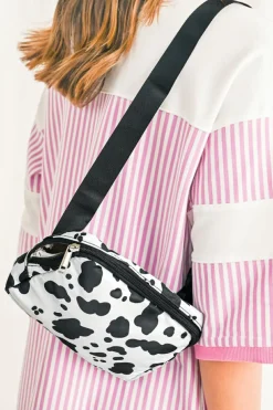 New Dear-Lover Cow Pattern Print Buckle Wide Belt Inclined Shoulder Bag White