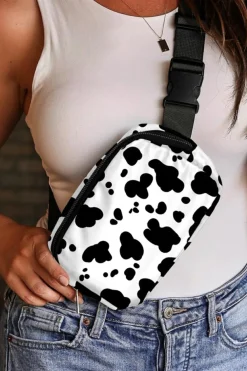 New Dear-Lover Cow Pattern Print Buckle Wide Belt Inclined Shoulder Bag White