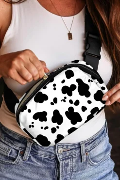 New Dear-Lover Cow Pattern Print Buckle Wide Belt Inclined Shoulder Bag White