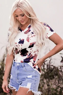 Outlet Dear-Lover Cow Pattern Print Short Sleeve V Neck T Shirt White