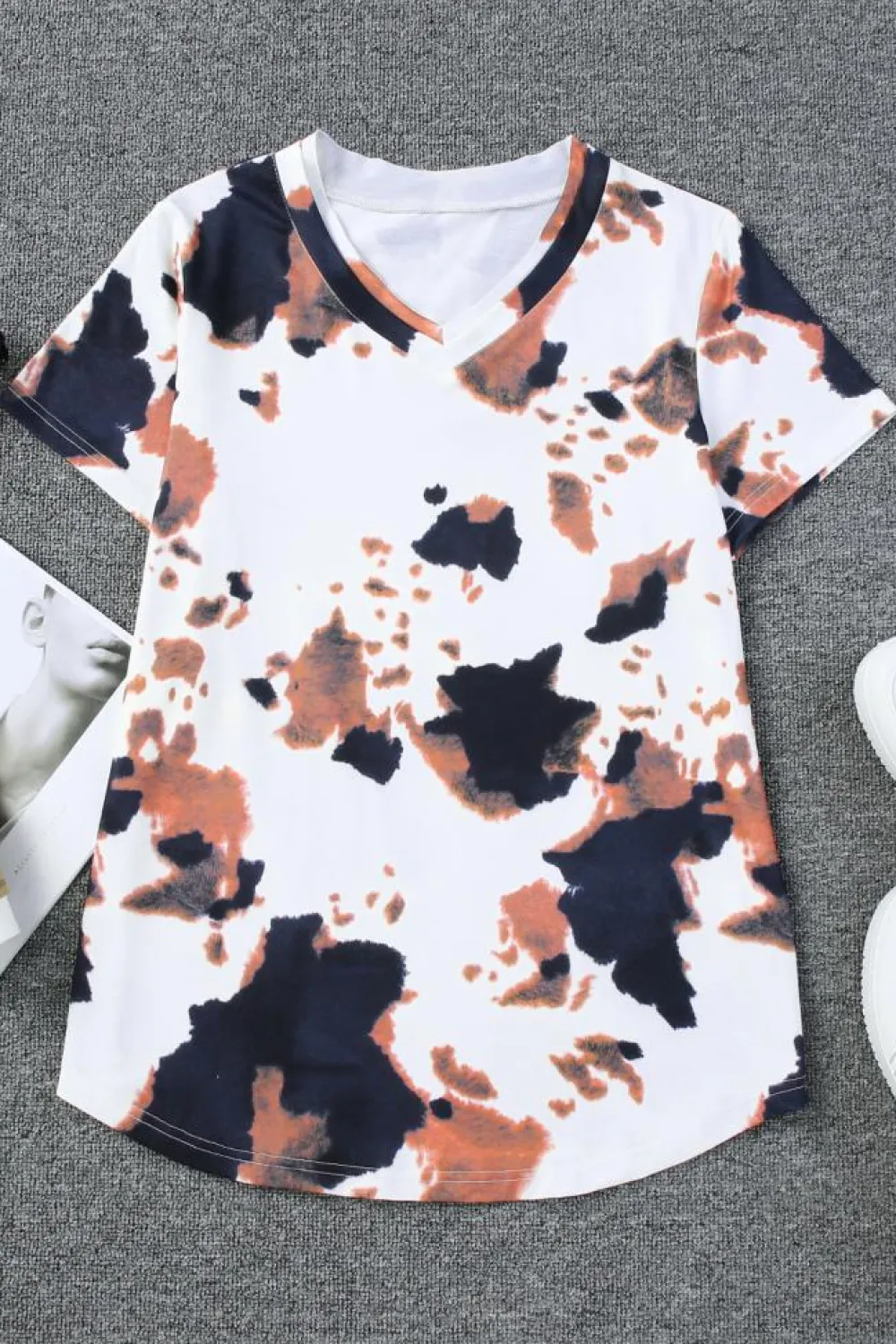 Outlet Dear-Lover Cow Pattern Print Short Sleeve V Neck T Shirt White