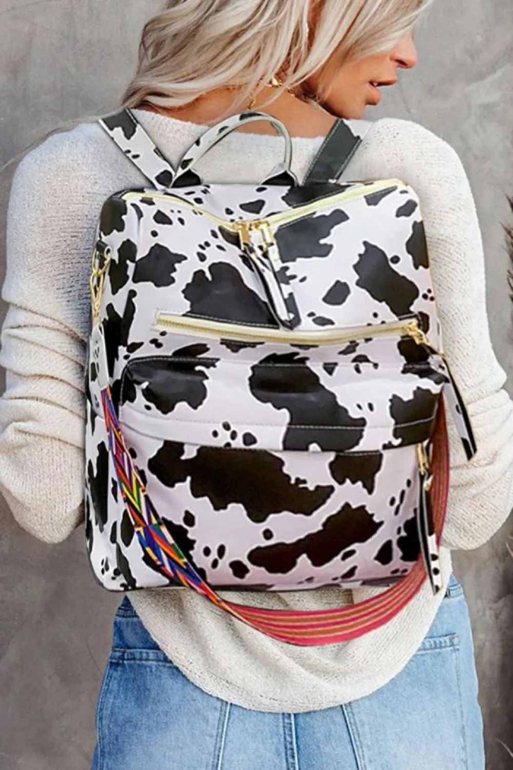 Best Dear-Lover Cow Print Multi Compartment PU Leather Backpack White