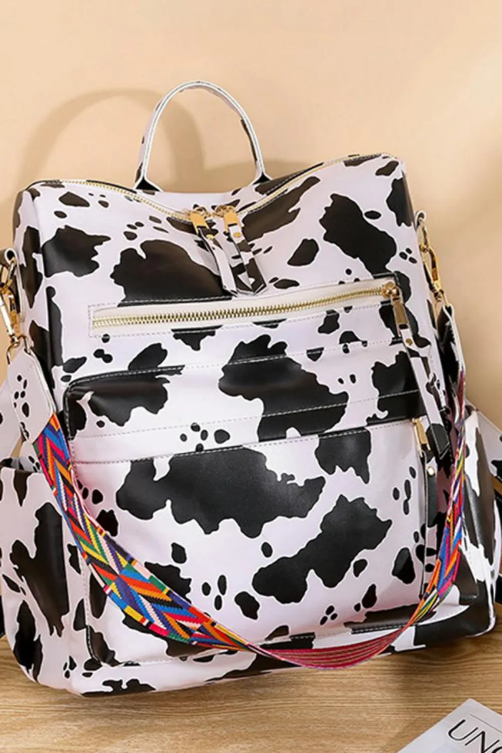 Best Dear-Lover Cow Print Multi Compartment PU Leather Backpack White