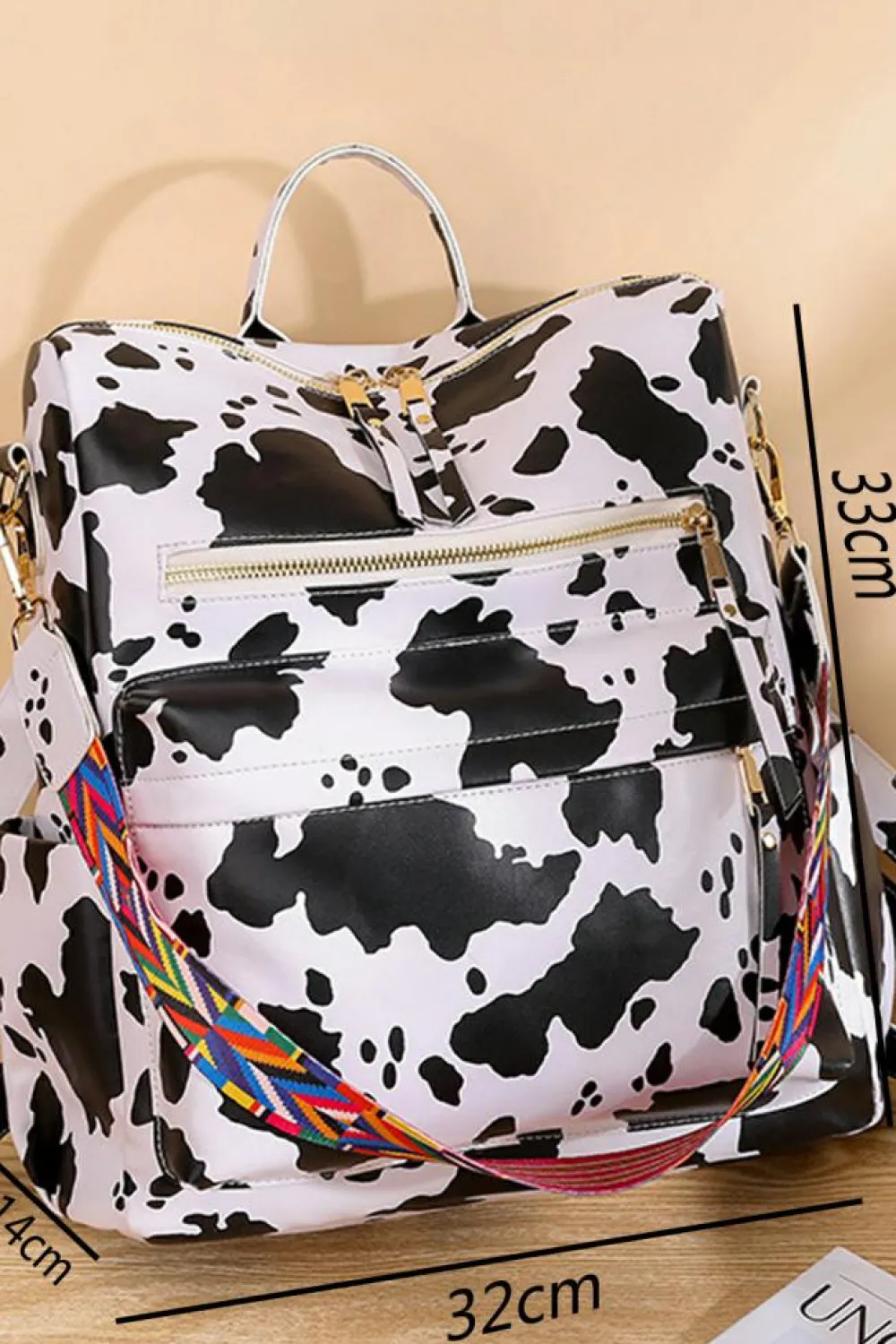 Best Dear-Lover Cow Print Multi Compartment PU Leather Backpack White