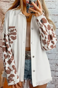 Fashion Dear-Lover Cow Spot Patchwork Flap Pocket Distressed Hem Long Denim Jacket White