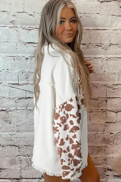 Fashion Dear-Lover Cow Spot Patchwork Flap Pocket Distressed Hem Long Denim Jacket White
