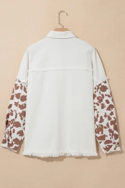 Fashion Dear-Lover Cow Spot Patchwork Flap Pocket Distressed Hem Long Denim Jacket White