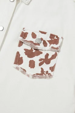 Fashion Dear-Lover Cow Spot Patchwork Flap Pocket Distressed Hem Long Denim Jacket White