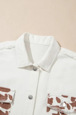 Fashion Dear-Lover Cow Spot Patchwork Flap Pocket Distressed Hem Long Denim Jacket White