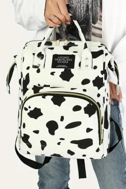 Sale Dear-Lover Cow Spot Print Multi Pocket Canvas Backpack White