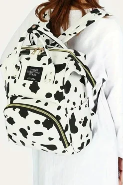 Sale Dear-Lover Cow Spot Print Multi Pocket Canvas Backpack White