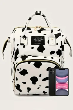Sale Dear-Lover Cow Spot Print Multi Pocket Canvas Backpack White
