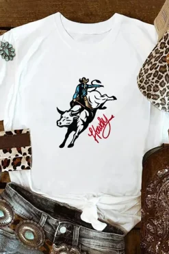 Hot Dear-Lover Cowboy Howdy Embroidered Western Fashion T Shirt White