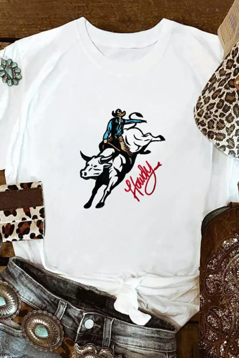 Hot Dear-Lover Cowboy Howdy Embroidered Western Fashion T Shirt White