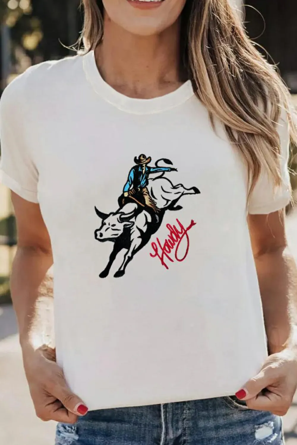 Hot Dear-Lover Cowboy Howdy Embroidered Western Fashion T Shirt White