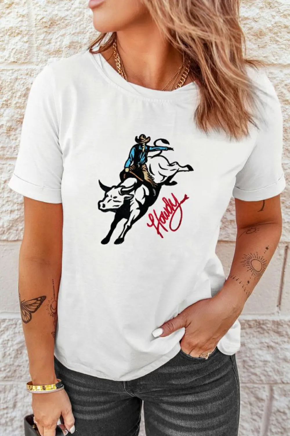 Hot Dear-Lover Cowboy Howdy Embroidered Western Fashion T Shirt White