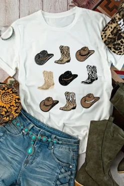 Hot Dear-Lover Cowboys Boots Western Fashion Print T Shirt White