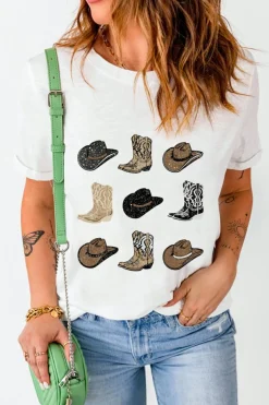 Hot Dear-Lover Cowboys Boots Western Fashion Print T Shirt White