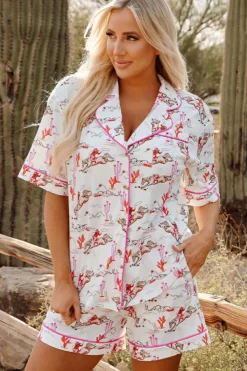 Online Dear-Lover Cowgirl Country Print Pajamas Set White