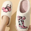 Best Dear-Lover Cowgirl Hat & Boot Printed Plush Thermal Home Slippers White