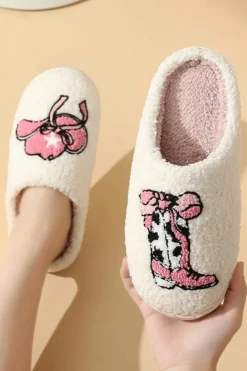 Best Dear-Lover Cowgirl Hat & Boot Printed Plush Thermal Home Slippers White