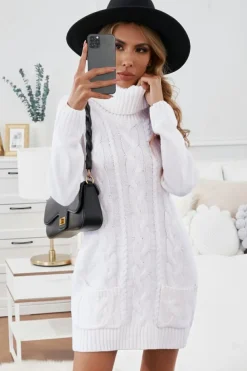 Online Dear-Lover Cowl Neck Cable Knit Sweater Dress White