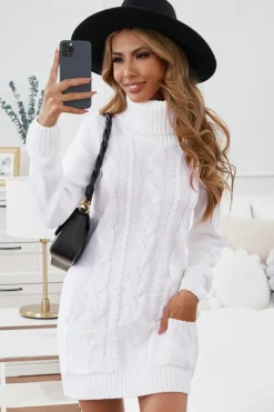 Online Dear-Lover Cowl Neck Cable Knit Sweater Dress White