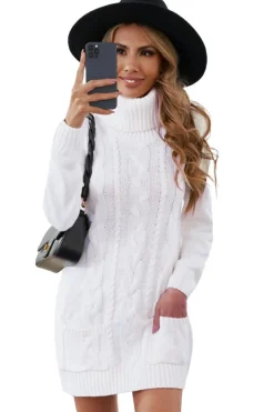 Online Dear-Lover Cowl Neck Cable Knit Sweater Dress White