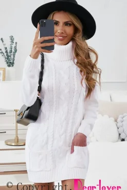 Online Dear-Lover Cowl Neck Cable Knit Sweater Dress White