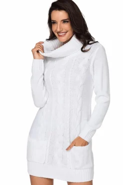 Online Dear-Lover Cowl Neck Cable Knit Sweater Dress White